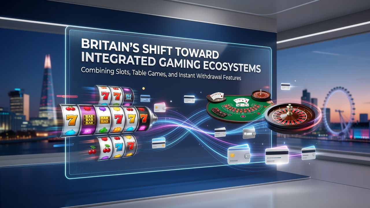 Illustration of integrated UK gaming platform showing slots and table games with instant withdrawal icons