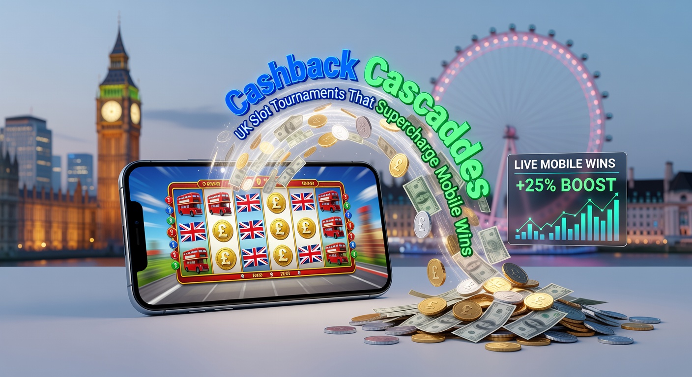 Mobile phone displaying a cashback cascade notification amid colorful slot reels and tournament progress bar