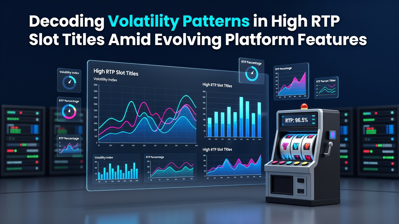 Slot machine interface displaying RTP and volatility metrics on a modern casino platform