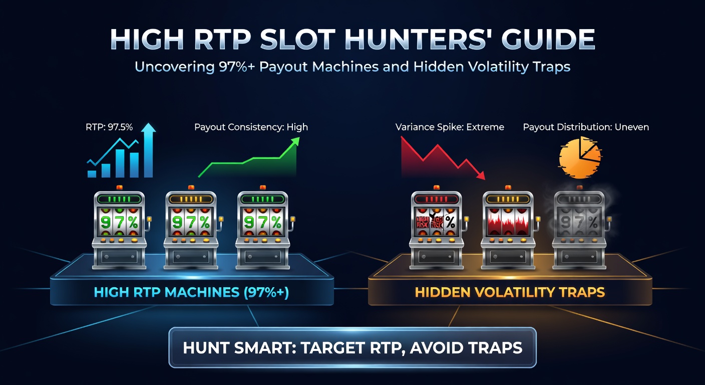 Close-up of a slot volatility chart showing high-risk spikes versus low-risk waves, with RTP meters and payout histograms illustrating win frequency contrasts