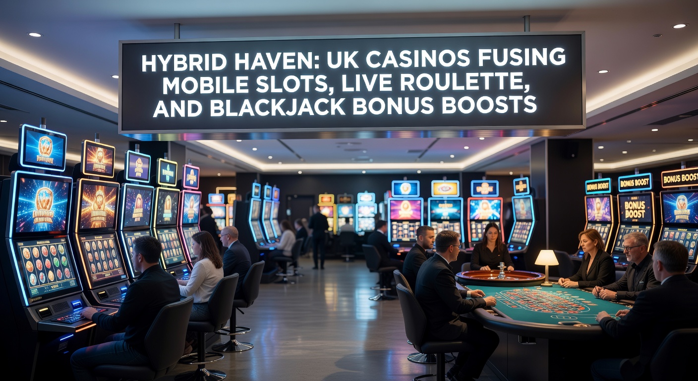 Vibrant mobile screen showing a hybrid casino interface with spinning slots, live roulette wheel, and blackjack table in action
