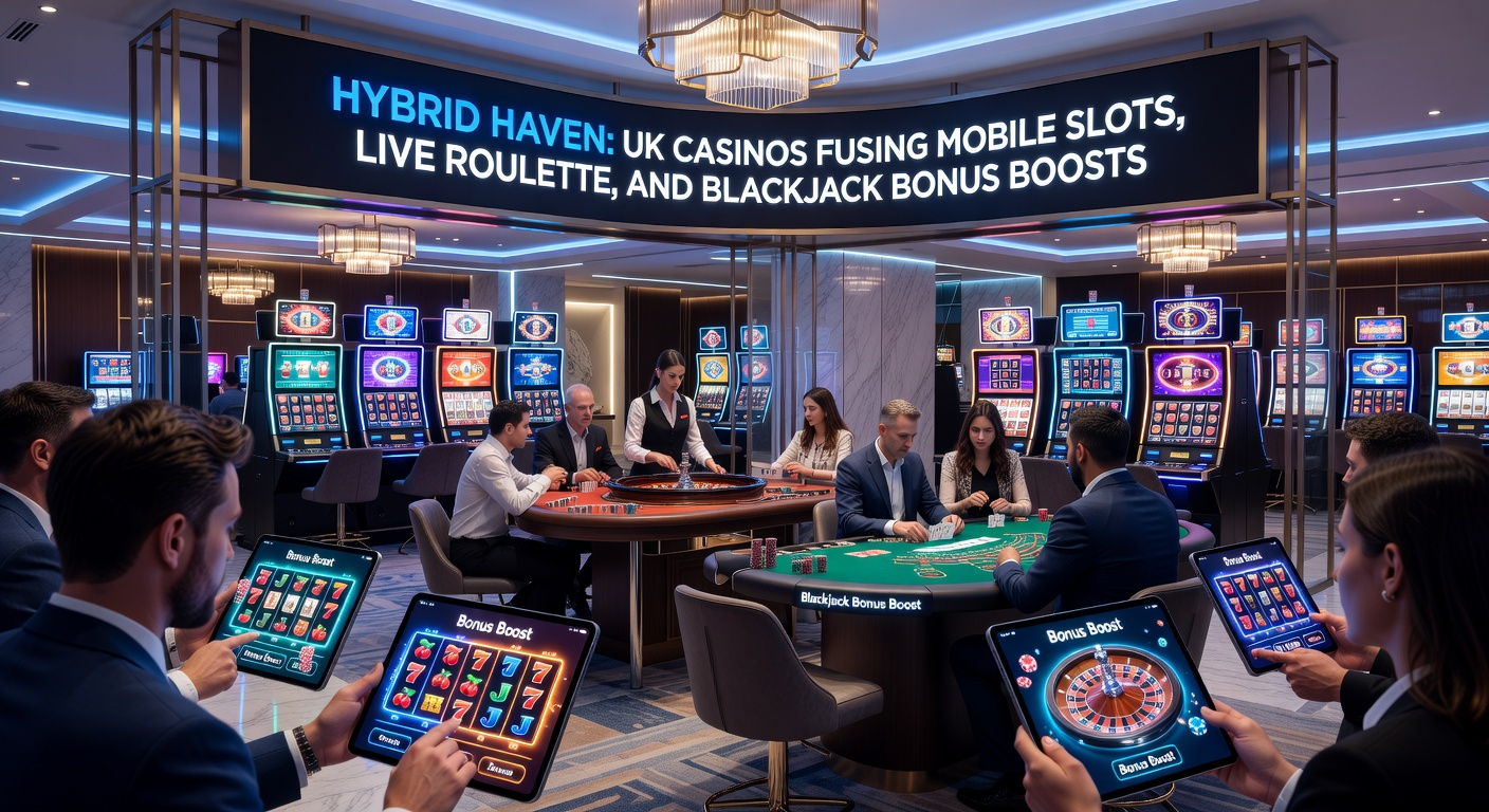 Dynamic split-screen view of a UK player's hybrid session: mobile slots exploding with wins beside a live blackjack dealer dealing cards