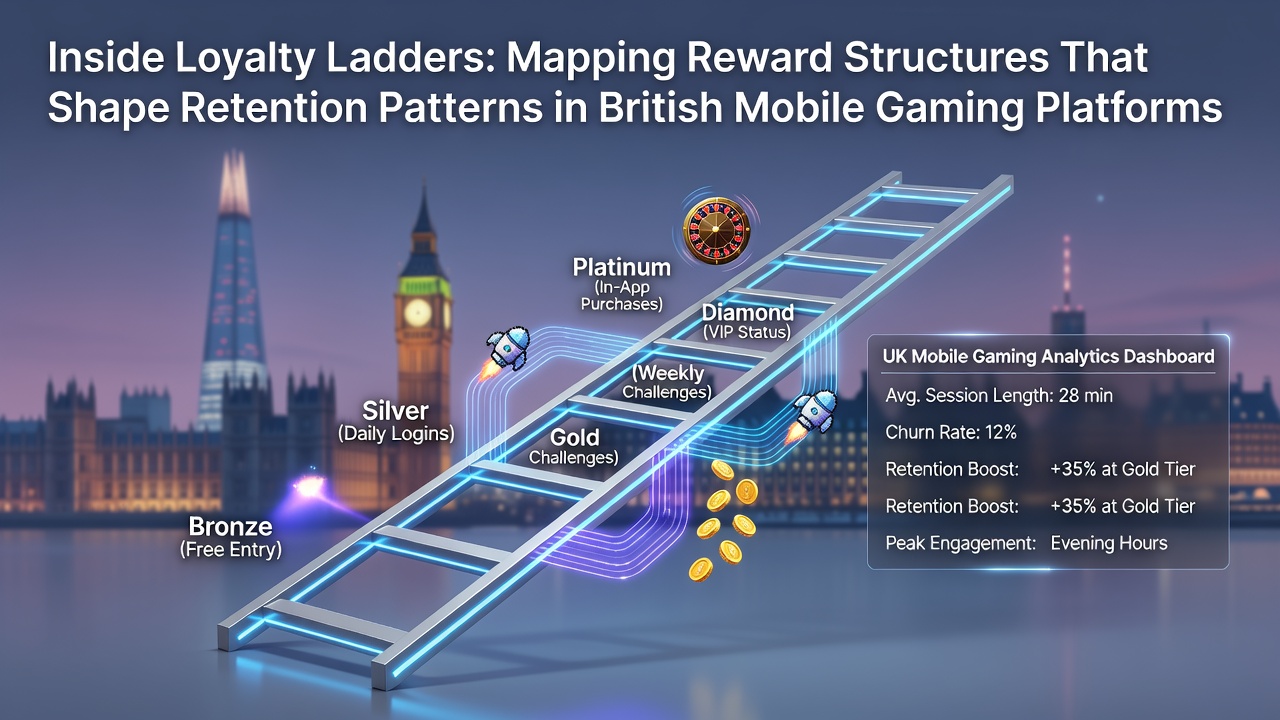 Diagram showing tiered loyalty ladder structures with reward levels in mobile gaming apps