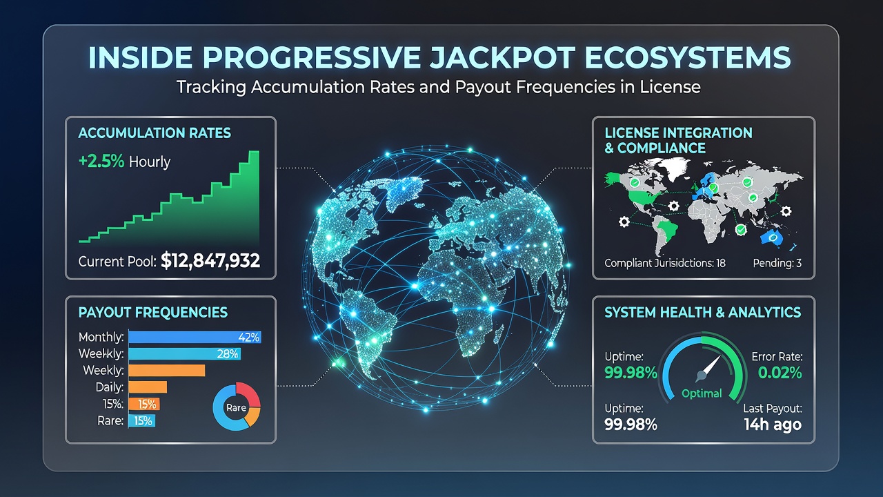 Analytics dashboard displaying payout frequency charts and accumulation trends for progressive jackpots in regulated online casinos