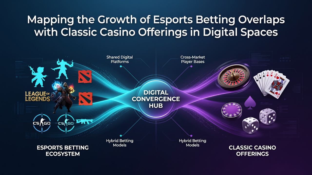 Esports betting interface overlapping with casino slot machines on a digital platform showing integrated wagering options