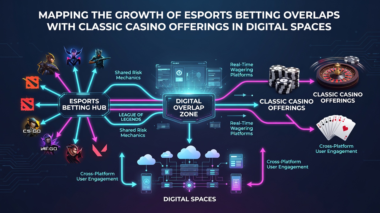 Hybrid digital space showing live esports tournament and classic roulette table integration