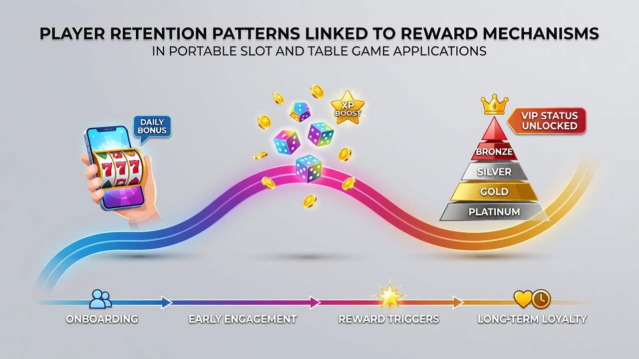 Mobile slot and table game interfaces showing reward notifications and progress bars on portable devices