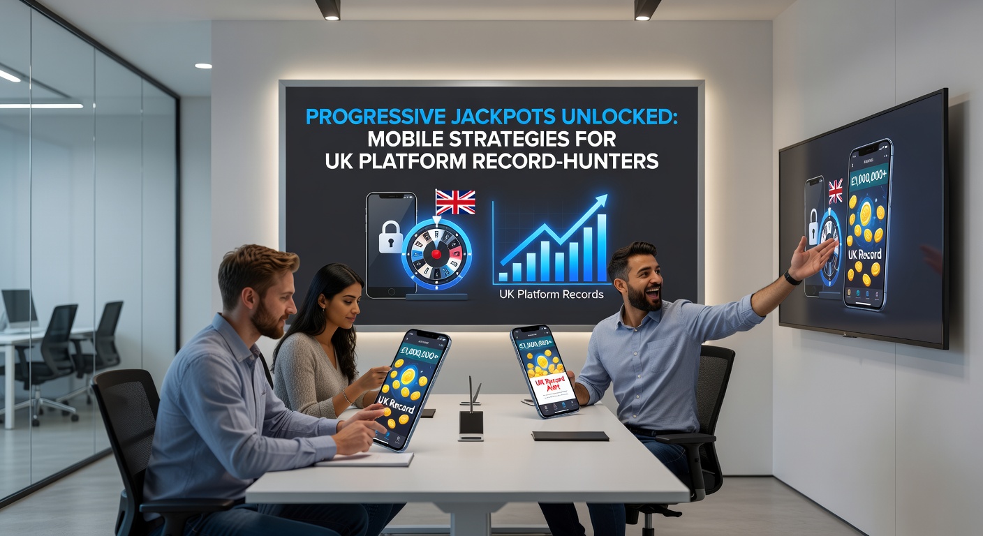 Close-up of a smartphone in hand showing a jackpot win notification exploding with coins and lights, alongside charts of rising progressive pots on UK casino apps
