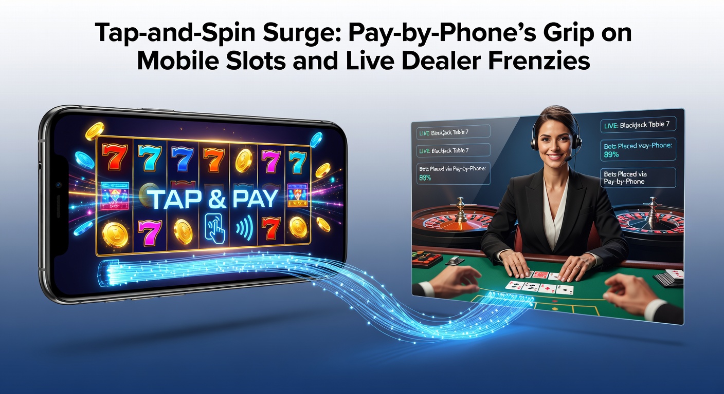 Mobile phone screen displaying a vibrant slot game with pay-by-phone deposit option active, surrounded by casino icons and spinning reels
