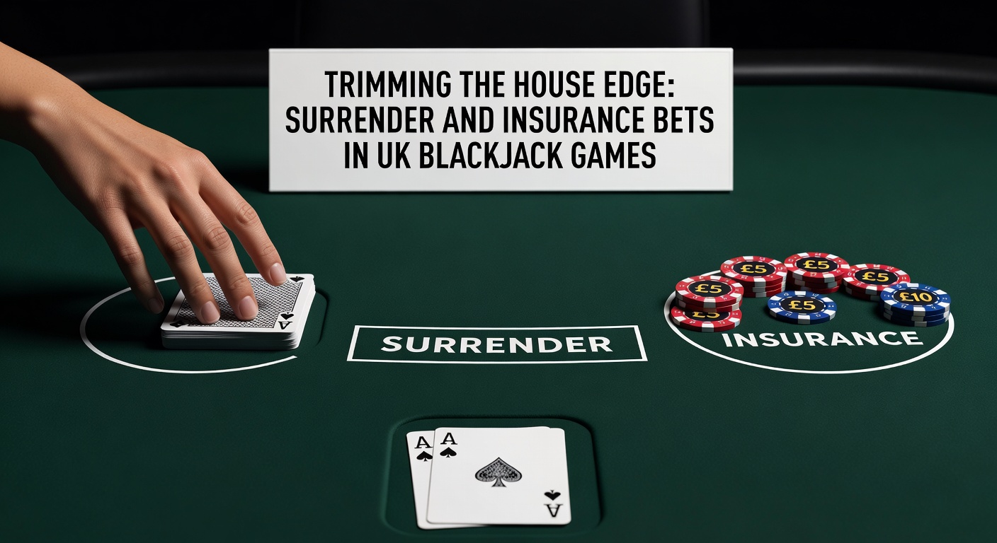 A close-up view of a blackjack table showing player options for surrender and insurance bets during a hand with dealer ace up
