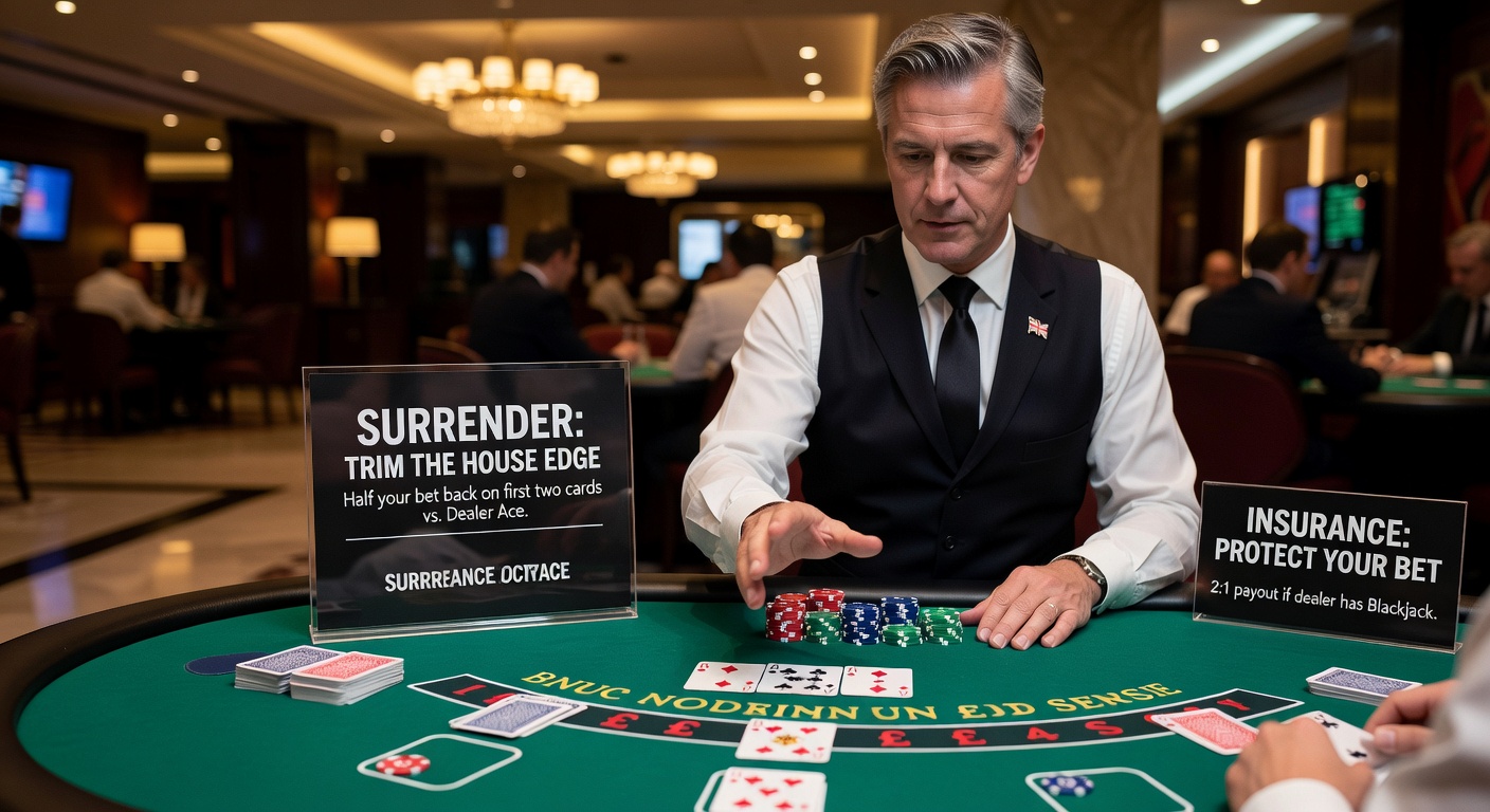 Digital blackjack interface highlighting surrender and insurance bet options on a UK mobile casino app during a live dealer session